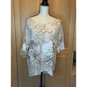 Chico’s Women’s 1 US M Beige Short Sleeve Lace Accents Floral High Low Tunic Top